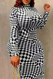 Black Casual Print Patchwork Turtleneck Long Sleeve Plus Size Dresses