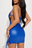 AovicaBlue Sexy Solid Bandage Hollowed Out Backless Halter Sleeveless Dress Dresses