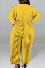 Gold Plus Size Casual Solid Patchwork Draw String Zipper O Neck Plus Size Jumpsuits