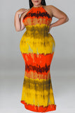 Aovica-Yellow Fashion Casual Plus Size Print Tie-dye O Neck Sleeveless Dress