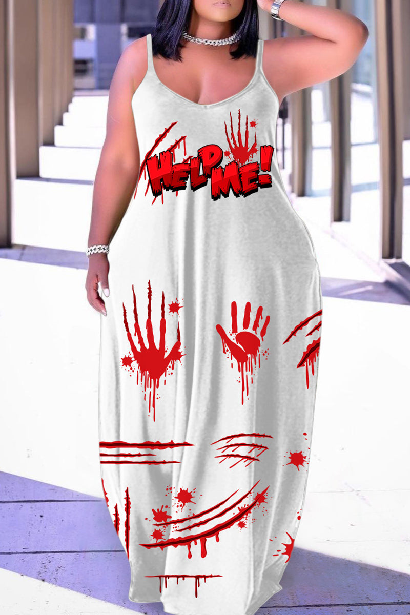 Halloween Costume White Red Casual Print Backless Spaghetti Strap Long Dress Dresses