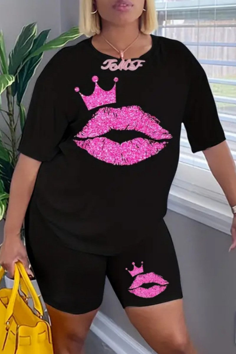 Black Casual Lips Printed Basic O Neck Short Sleeve Plus Size Two Pieces