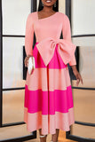 Aovica- Pink Casual Striped Patchwork With Bow Oblique Collar A Line Dresses