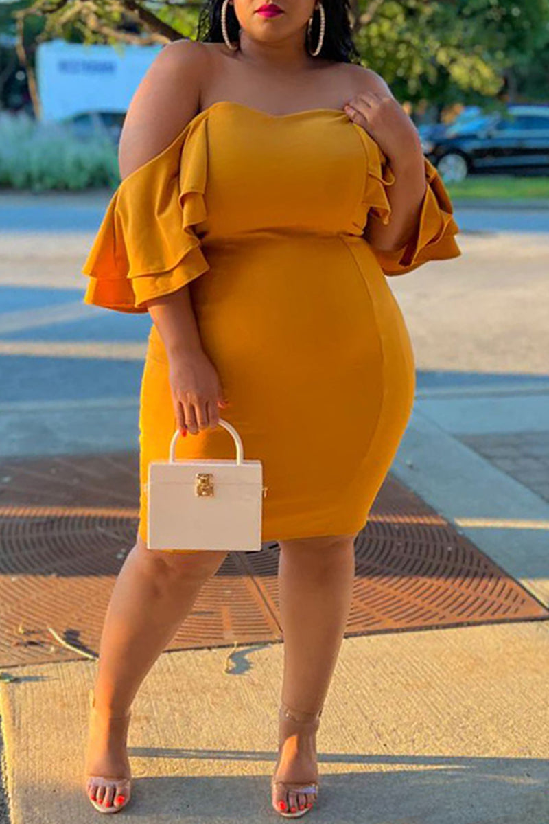 Aovica-Yellow Sexy Plus Size Solid Backless Off the Shoulder Short Sleeve Dress