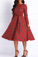 Red Casual Plaid Print Patchwork O Neck Long Sleeve Plus Size Dresses