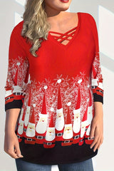 Aovica-Casual Print Santa Claus Basic V Neck Plus Size Tops