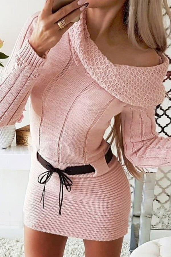 Aovica- Pink Casual Solid Patchwork O Neck Long Sleeve Dresses