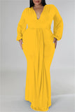Aovica-Yellow Casual Solid Patchwork V Neck Long Sleeve Plus Size Dresses