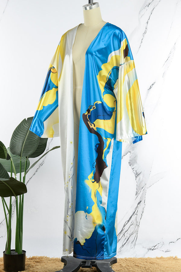 Aovica - Sky Blue Casual Street Print Patchwork Cardigan Collar Outerwear