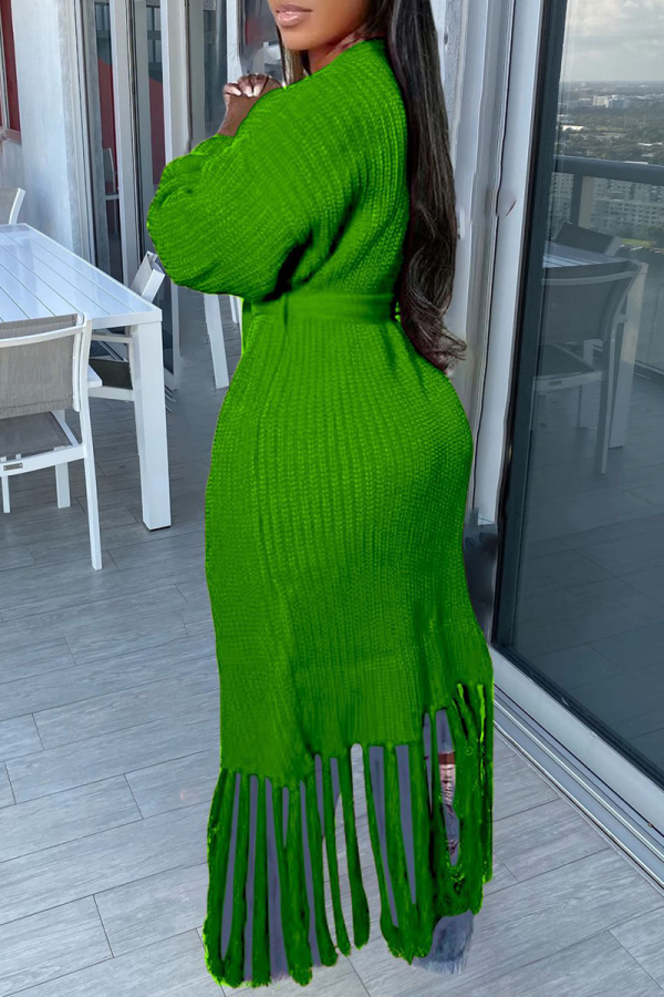 Aovica - Green Casual Solid Tassel V Neck Outerwear