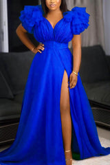 AOVICA-Plus Size Formal Royal Blue Split Joint V Neck Tulle Ruffle Trailing Maxi Dress