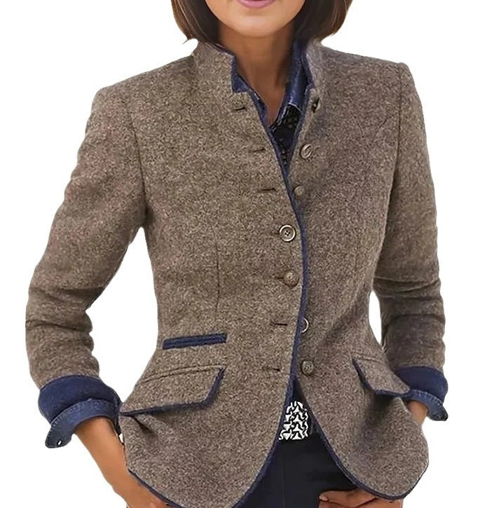 Aovica-zolucky Solid Vintage Blazer Stand Collar Jacket