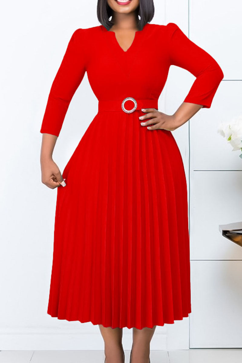 Aovica- Red Elegant Solid Patchwork Fold With Belt V Neck A Line Dresses