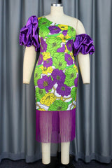 Purple Casual Print Tassel Patchwork Oblique Collar Wrapped Skirt Dresses (Subject To The Actual Object)