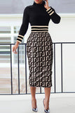 Aovica- Khaki Casual Work Print Patchwork Turtleneck One Step Skirt Dresses
