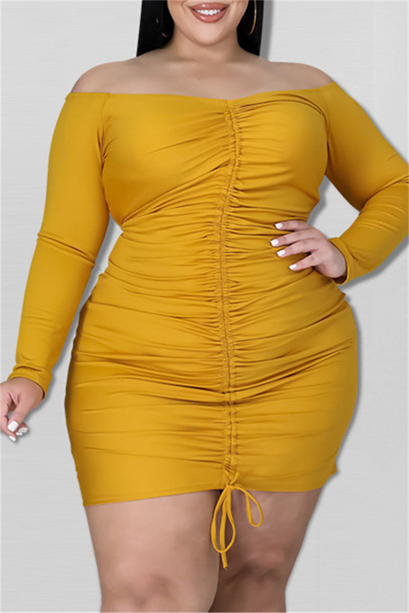 Aovica-Gold Sexy Casual Print Backless Off the Shoulder Long Sleeve Plus Size Dresses