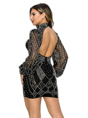 AOVICA-Long Sleeve Backless Mesh Sequin Bodycon Mini Dresses