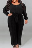 Blue Plus Size Casual Solid Patchwork Draw String Zipper O Neck Plus Size Jumpsuits