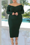 Fruit Green Fashion Casual Solid Basic V Neck Long Sleeve Plus Size Dresses