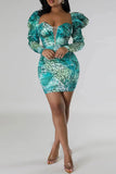 Aovica- Green Casual Print Patchwork Square Collar Long Sleeve Dresses