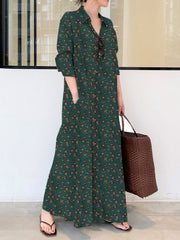 Aovica-Vintage Printed Lapel Long Sleeve Shirt Maxi Dress