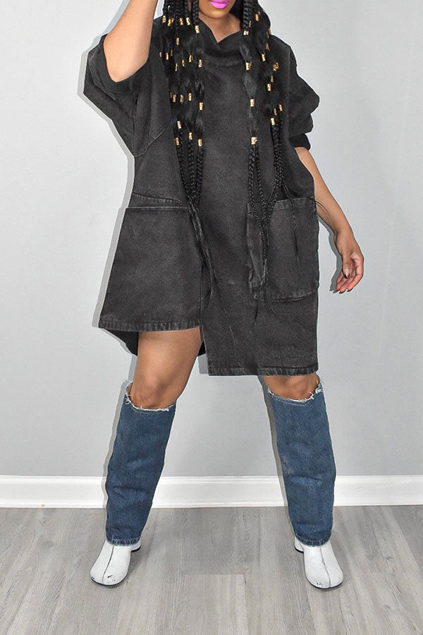 AOVICA Solid Color Whimsical Irregular Denim Mini Dress