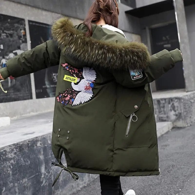 Aovica-Mid-length Large Fur Collar Down Coat Plus Size Korean
