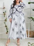Aovica-Long Sleeves Loose Contrast Color Flower Print Muslim Round-Neck Midi Dresses