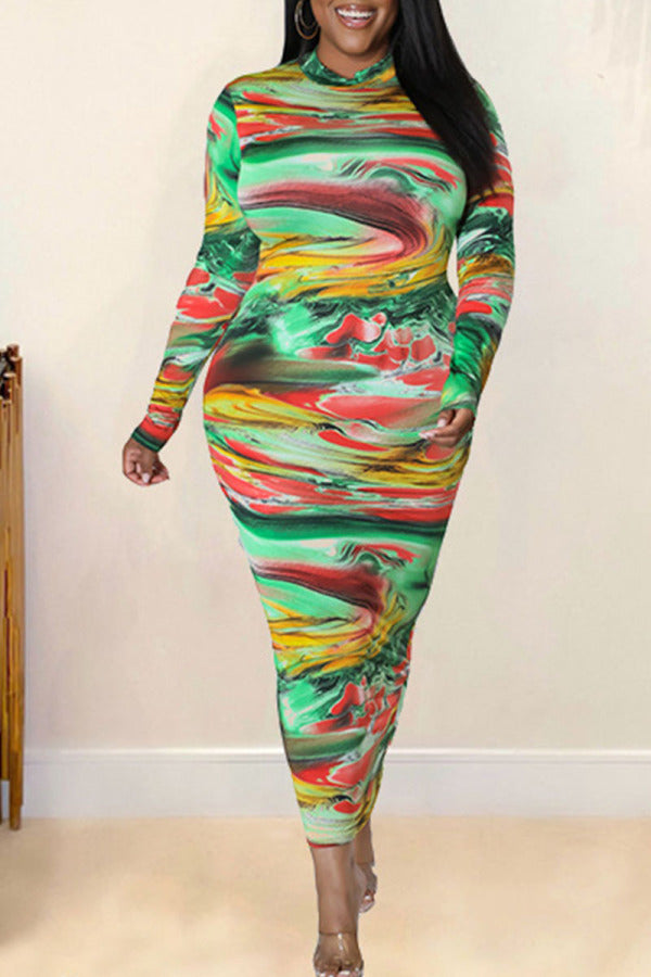 Aovica- Colour Sexy Print Patchwork Half A Turtleneck Pencil Skirt Dresses