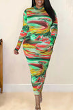 Aovica- Colour Sexy Print Patchwork Half A Turtleneck Pencil Skirt Dresses