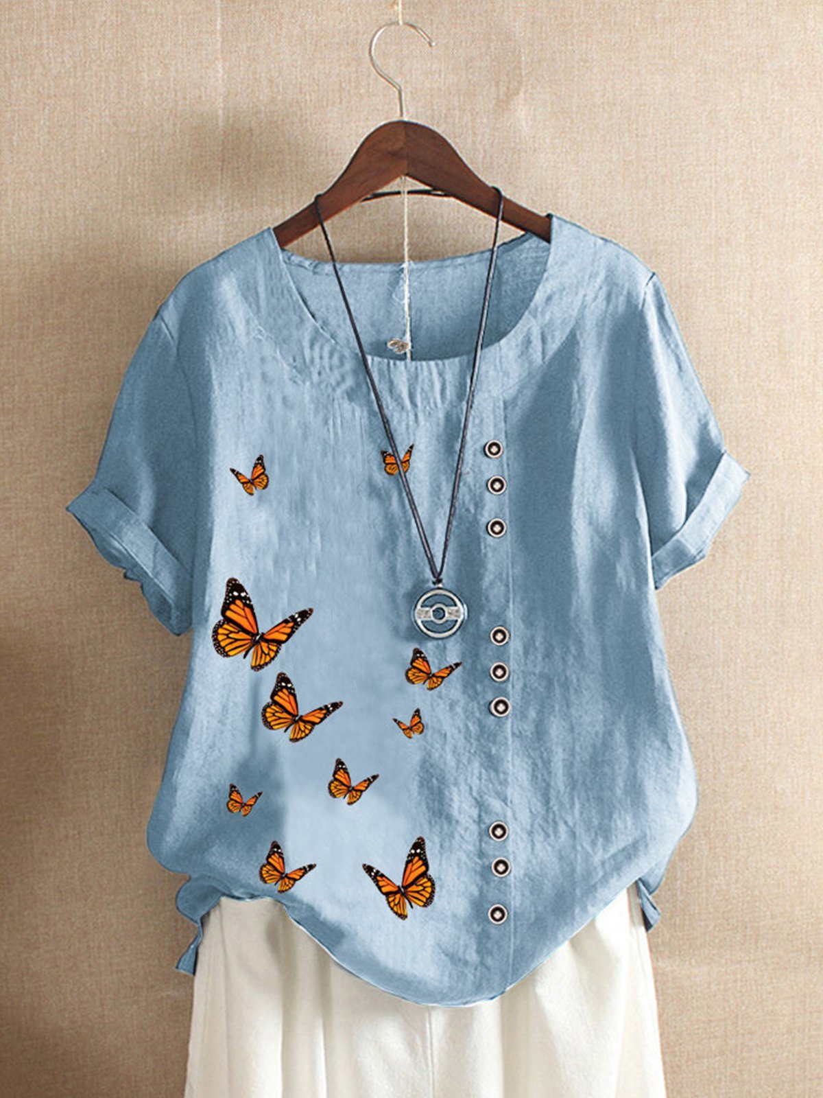 Aovica-Vintage Casual Plus Size Butterflies Print Shirts Tops