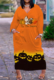 Halloween Costume Orange Yellow Casual Print Basic V Neck Long Sleeve Dresses