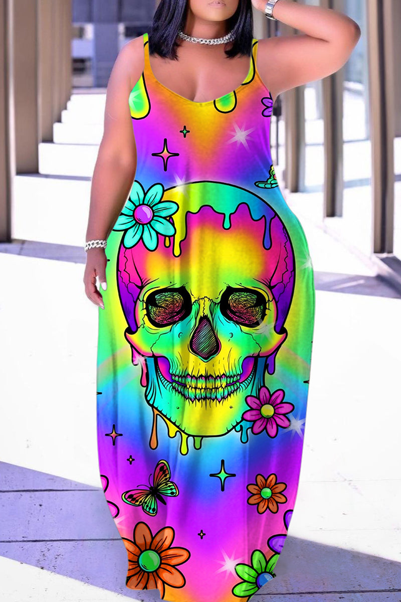 Halloween Costume Multicolor Casual Print Backless Spaghetti Strap Long Dress Dresses