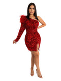 AOVICA-One Shoulder Long Sleeve Glitter Bodycon Mini Dresses