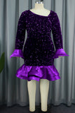 Aovica- Purple Sexy Formal Patchwork Sequins Oblique Collar Long Sleeve Dresses