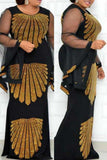 Aovica-Black Fashion Sexy Plus Size Hot Drilling Patchwork O Neck Evening Dress
