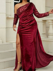 AOVICA-Banquet Long Sleeves Asymmetric Split-Side Lacy Boat Neck Maxi Dresses