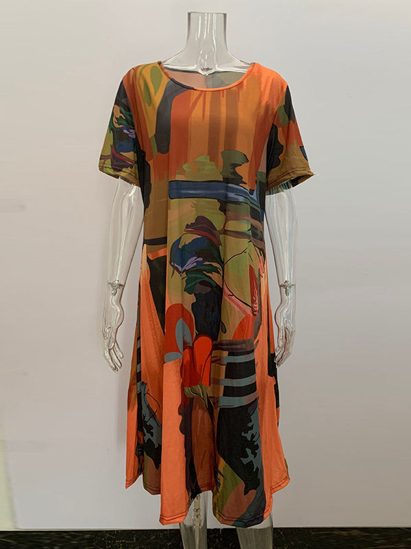 Aovica-A-Line Loose Printed Round-Neck Midi Dresses