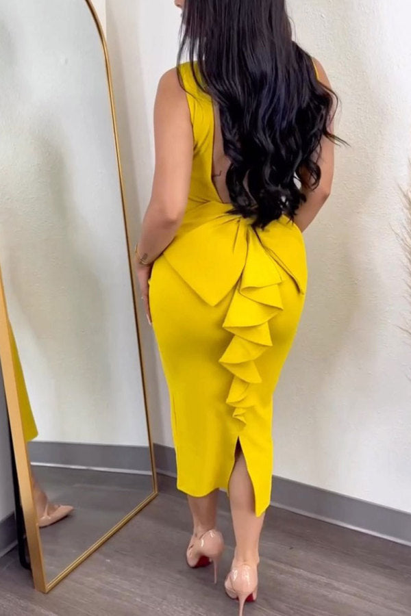 AovicaYellow Casual Sweet Daily Elegant Backless Solid Color With Bow Spaghetti Strap Dresses