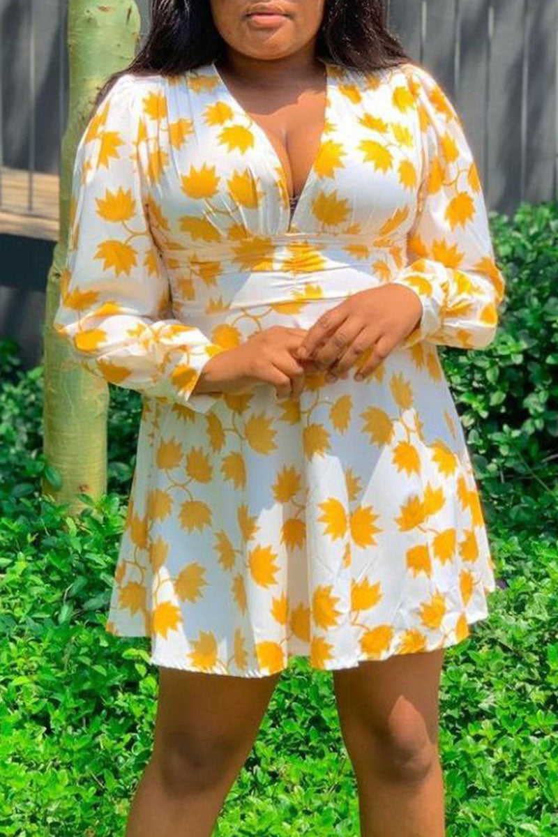 Aovica-Yellow Casual Print Patchwork V Neck A Line Plus Size Dresses