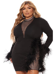 Aovica-Plus Size Long Sleeves Rhinestone Mini Dresses