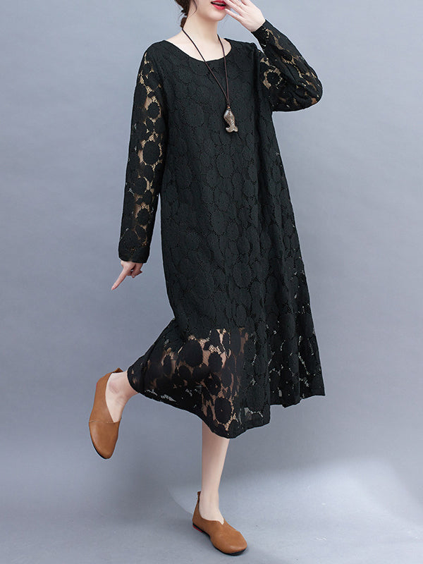 Aovica-A-Line Long Sleeves Hollow Round-Neck Midi Dresses