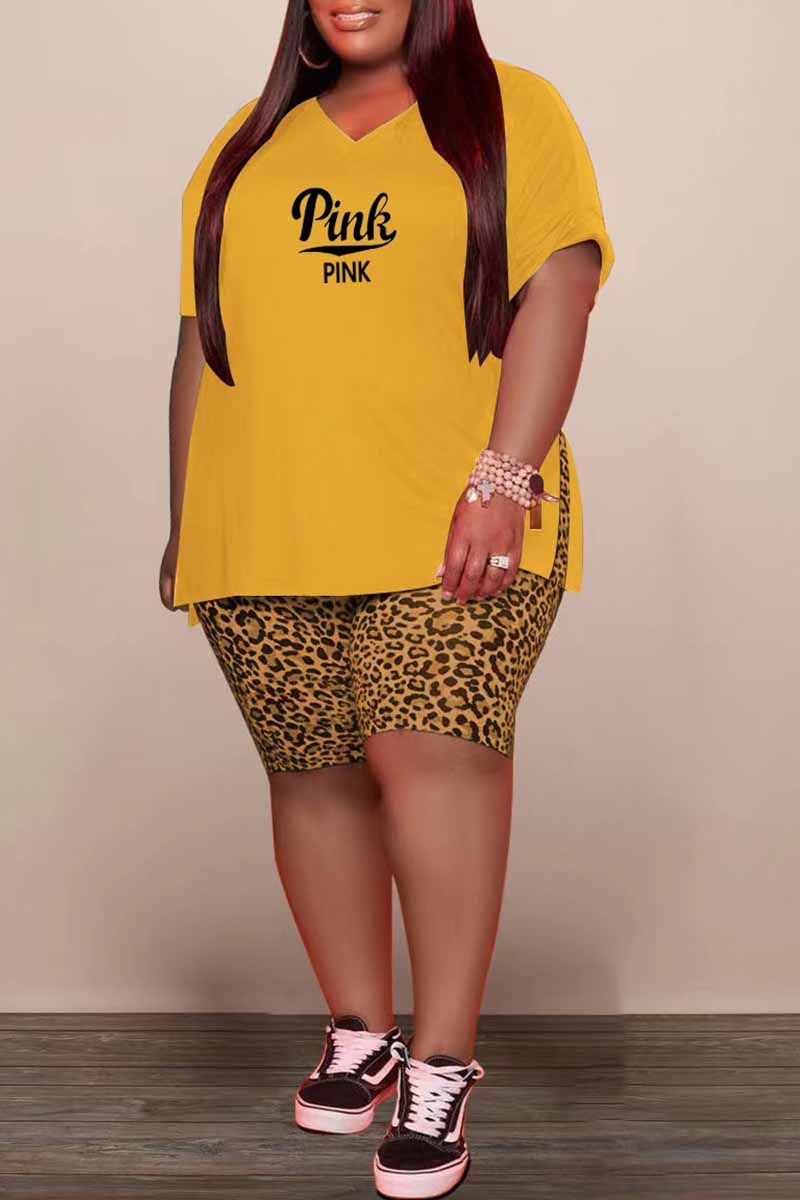 Yellow Casual Print Slit Letter V Neck Plus Size Two Pieces