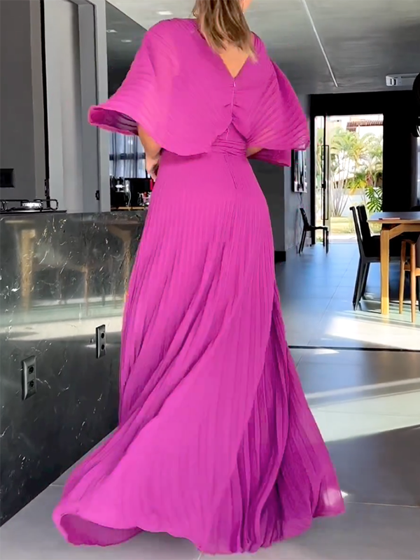 Aovica-Short Sleeves Solid Color V-Neck Maxi Dresses