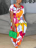 Aovica-Stylish Short Sleeve Plus Size Floral Print Maxi Dress