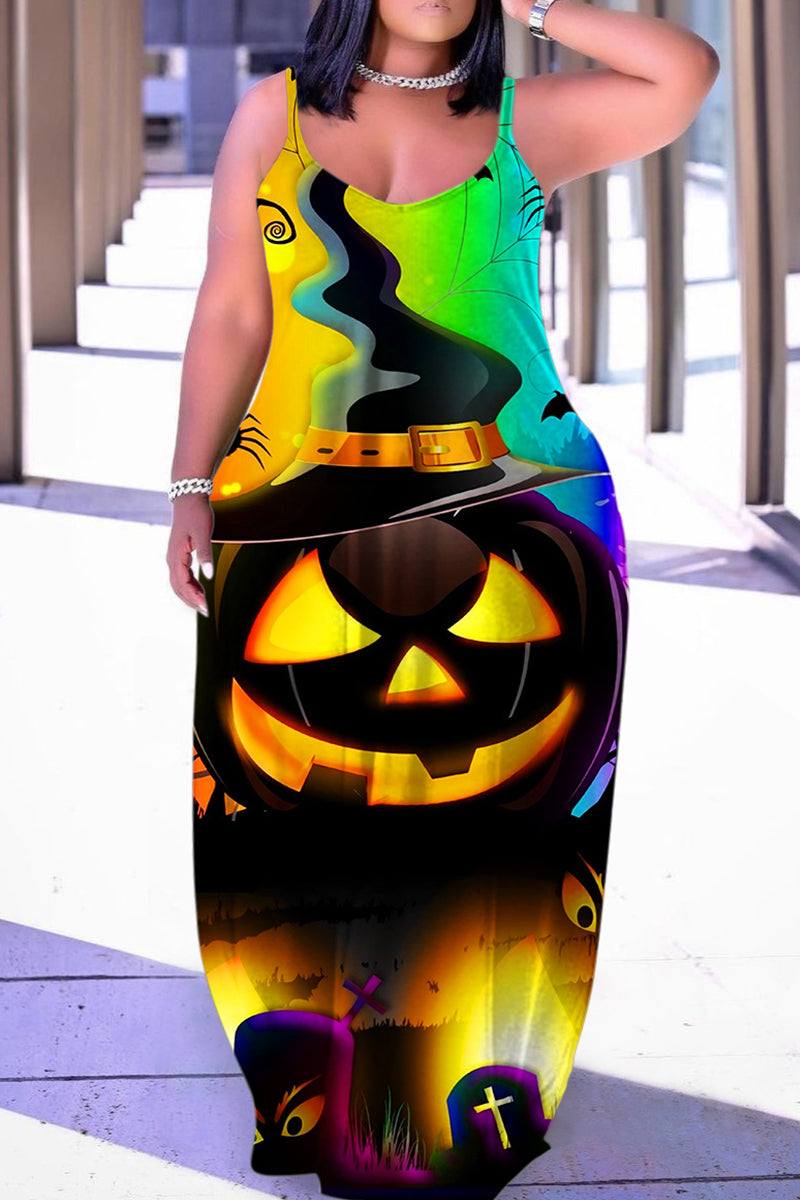 Halloween Costume Multicolor Casual Print Backless Spaghetti Strap Long Dress Dresses