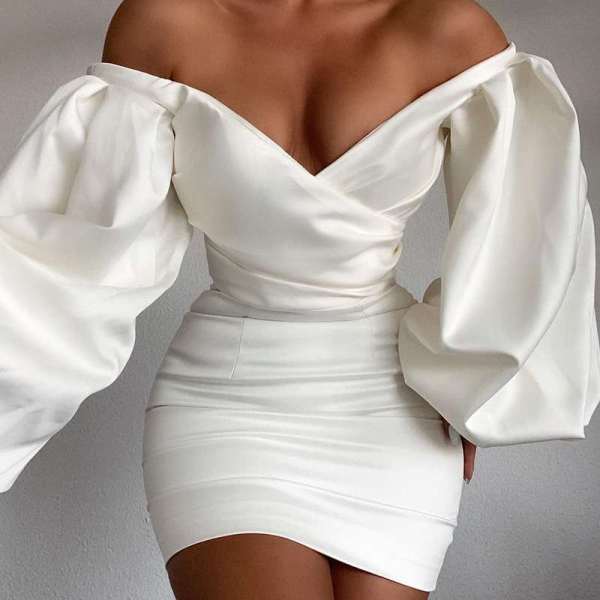 Aovica- White Sexy Solid Backless V Neck Long Sleeve Dresses
