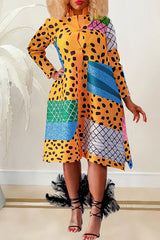 Aovica- Yellow Casual Print Patchwork Mandarin Collar Long Sleeve Dresses