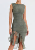 AOVICA-Women's Fashion Mesh Pleated Ruffle Irregular Mid Length Slim Low Back Sleeveless Dress