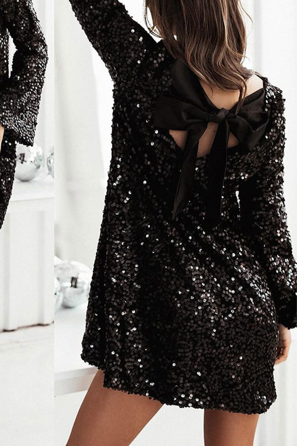 AOVICA Hit Color Sequined Rocking Bow Tie Mini Dress